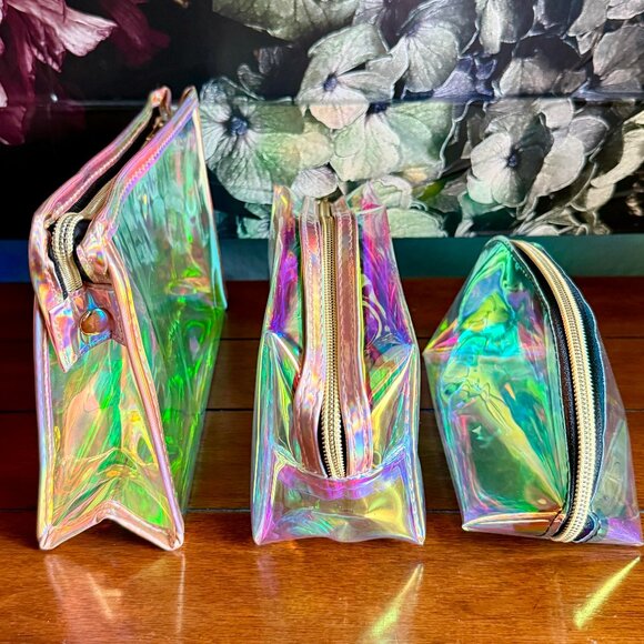 NEW 3-Pc Iridescent, Holographic, Versatile, Makeup, Cosmetic Bags - Picture 2 of 6